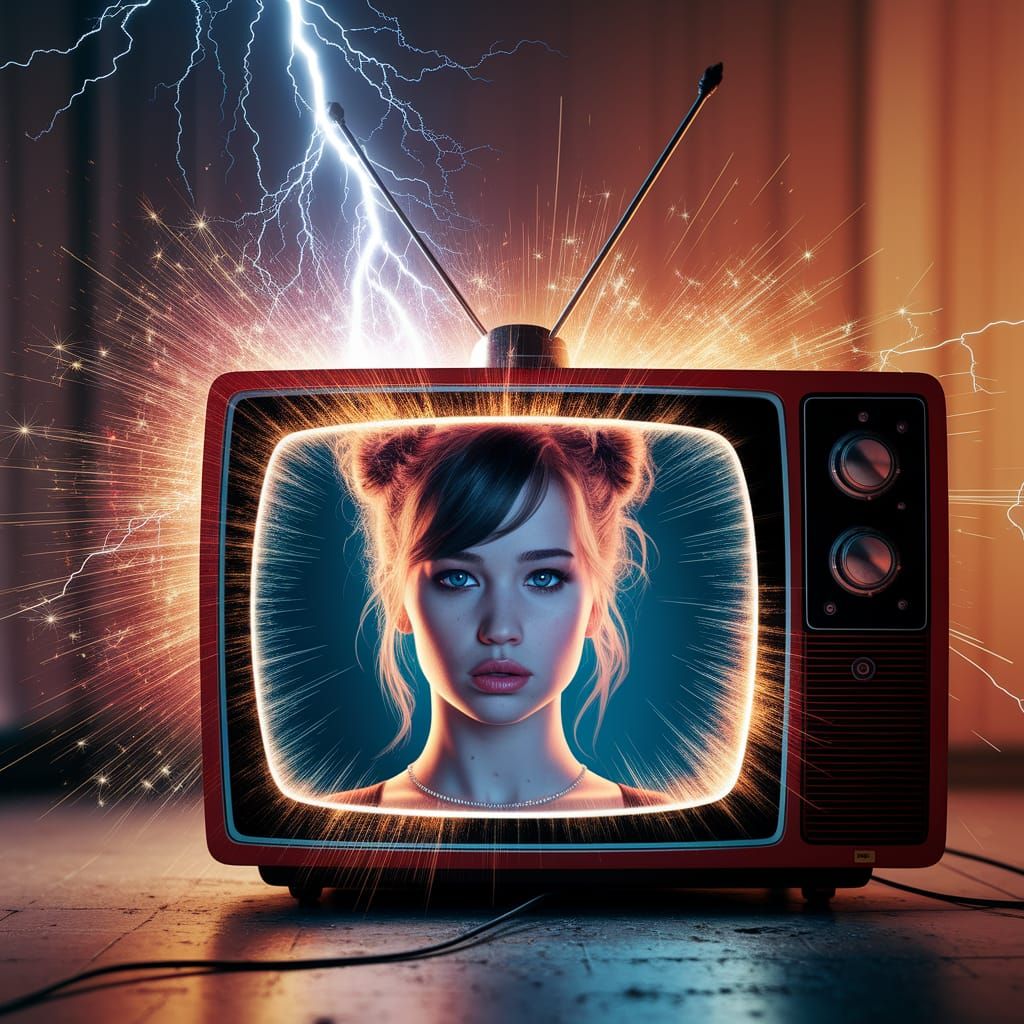 Electrifying Moment: Young Woman Illuminated by TV Explosion