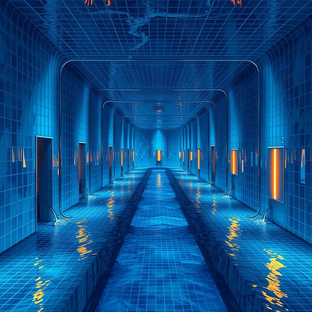 Dreamlike Futuristic Pool Room Maze with Winding Corridors a...
