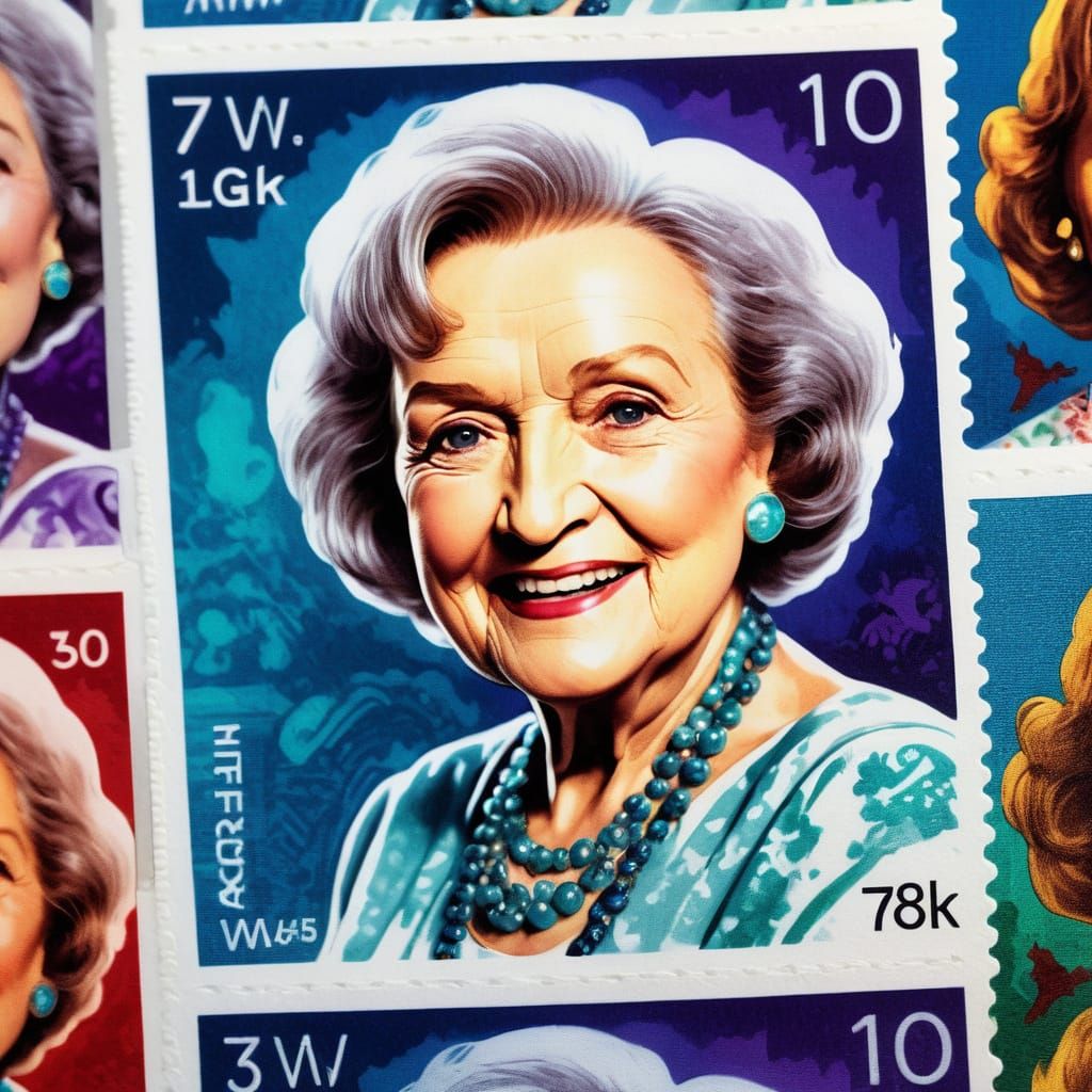 Betty White Portrait on Postage Stamp in Art Nouveau Style
