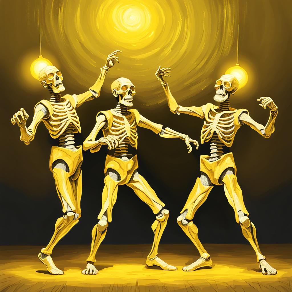 Yellow Geriatric Figures Dancing in Dystopian Acrylic Art