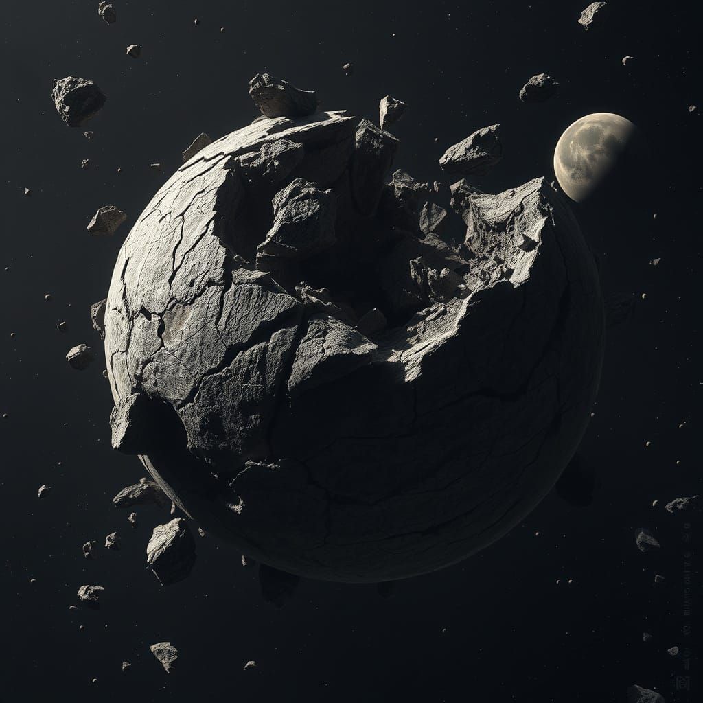 Shattered Moon Hangs in Space, a Barren, Rocky Expanse