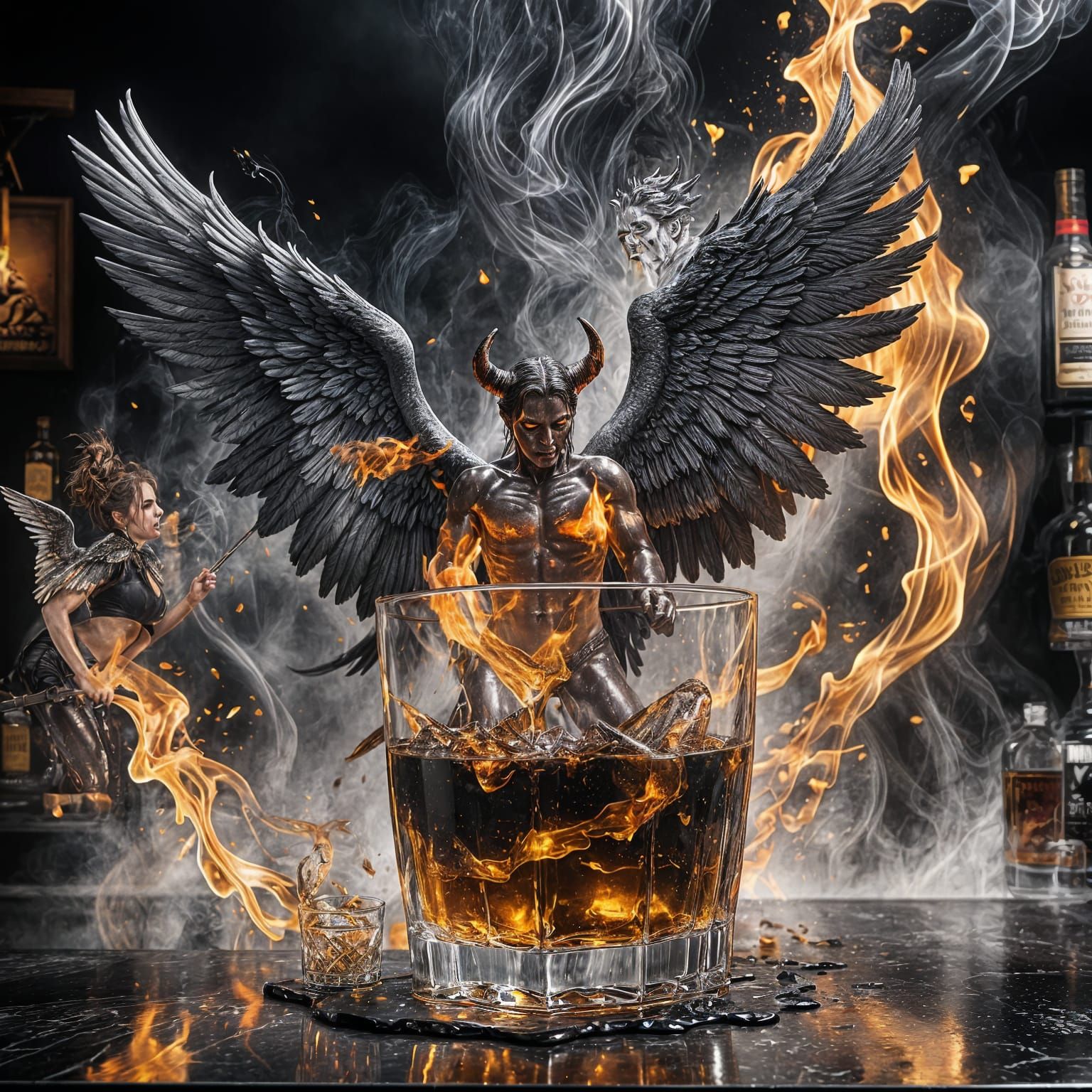 An angel with fiery wings and a devil with smokey black wings, both rising from a glass of whiskey, fighting, with whisk...
