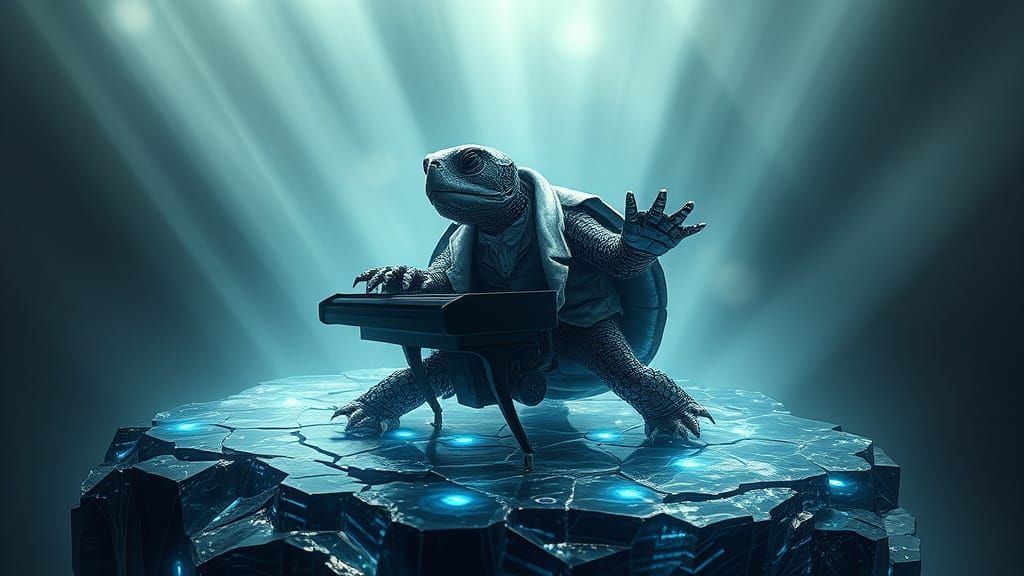 Biomechanical Turtle Plays Piano on Obsidian Island