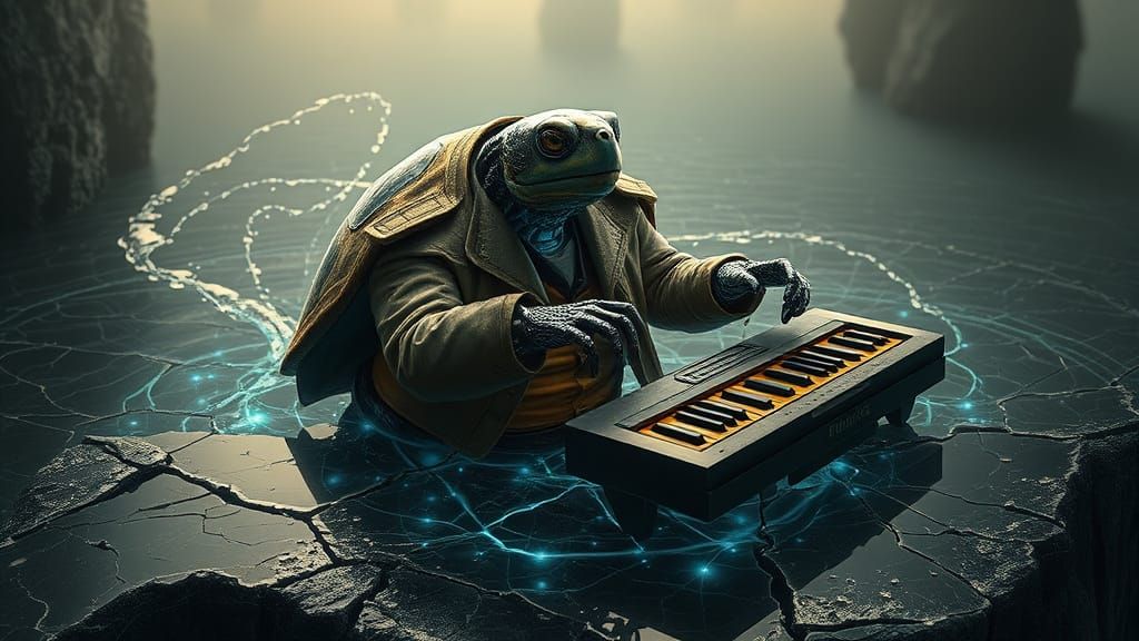 Biomechanical Turtle Plays Piano on Obsidian Island