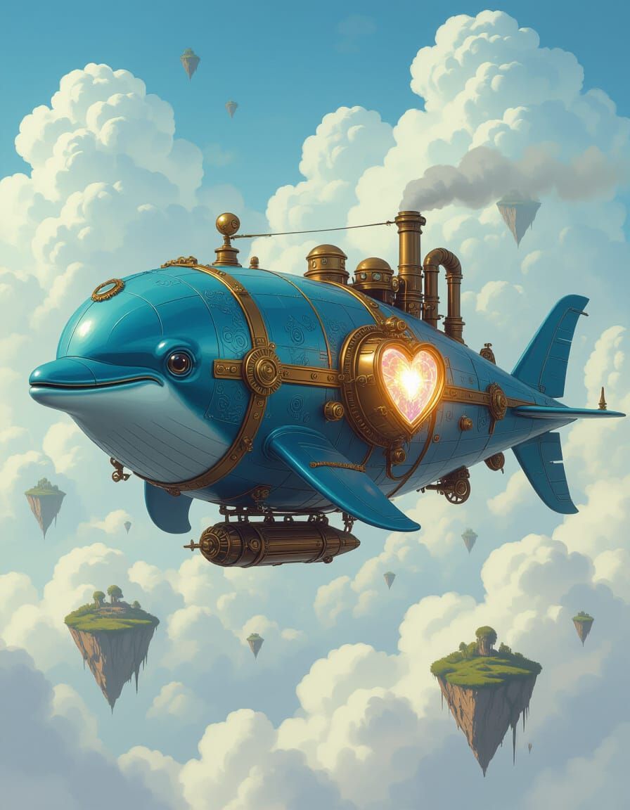 Blue Dolphin Steampunk Airship Soaring Through Fantasy Sky