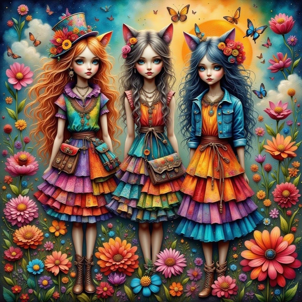 Whimsical Bohemian Punk Cat Girls in Enchanting Fantasy Scen...