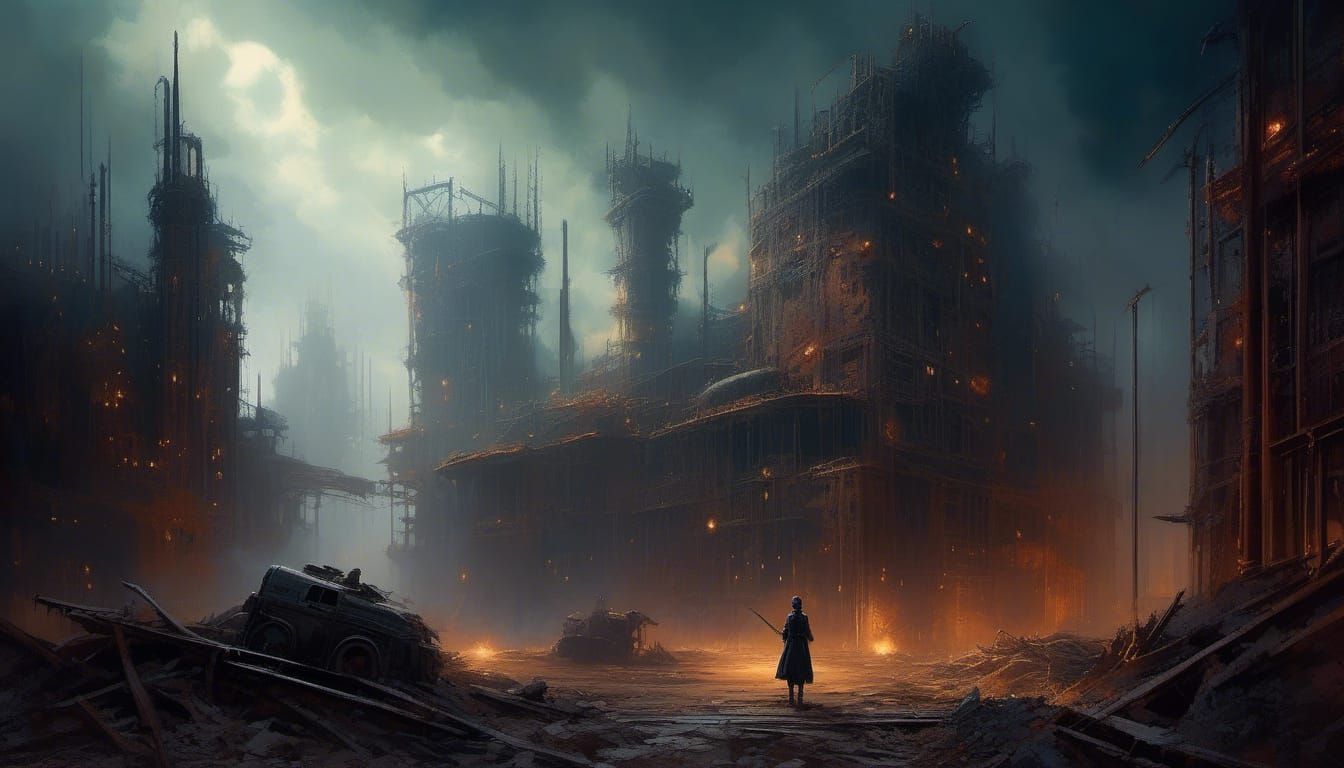 Gothic Cyborg Walks Through Ruined Steel Mill