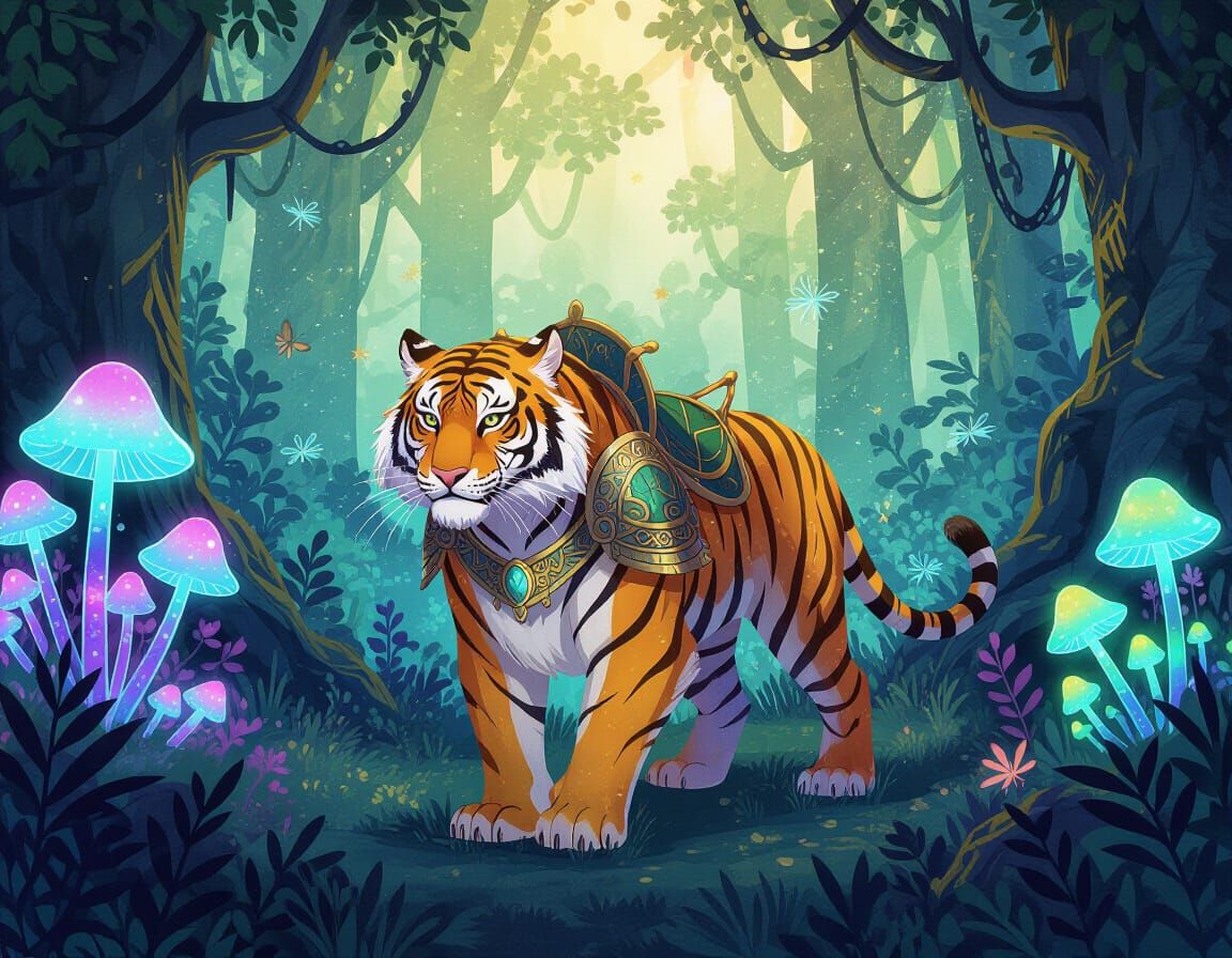 Tiger Warrior in Enchanted Forest Watercolor Painting