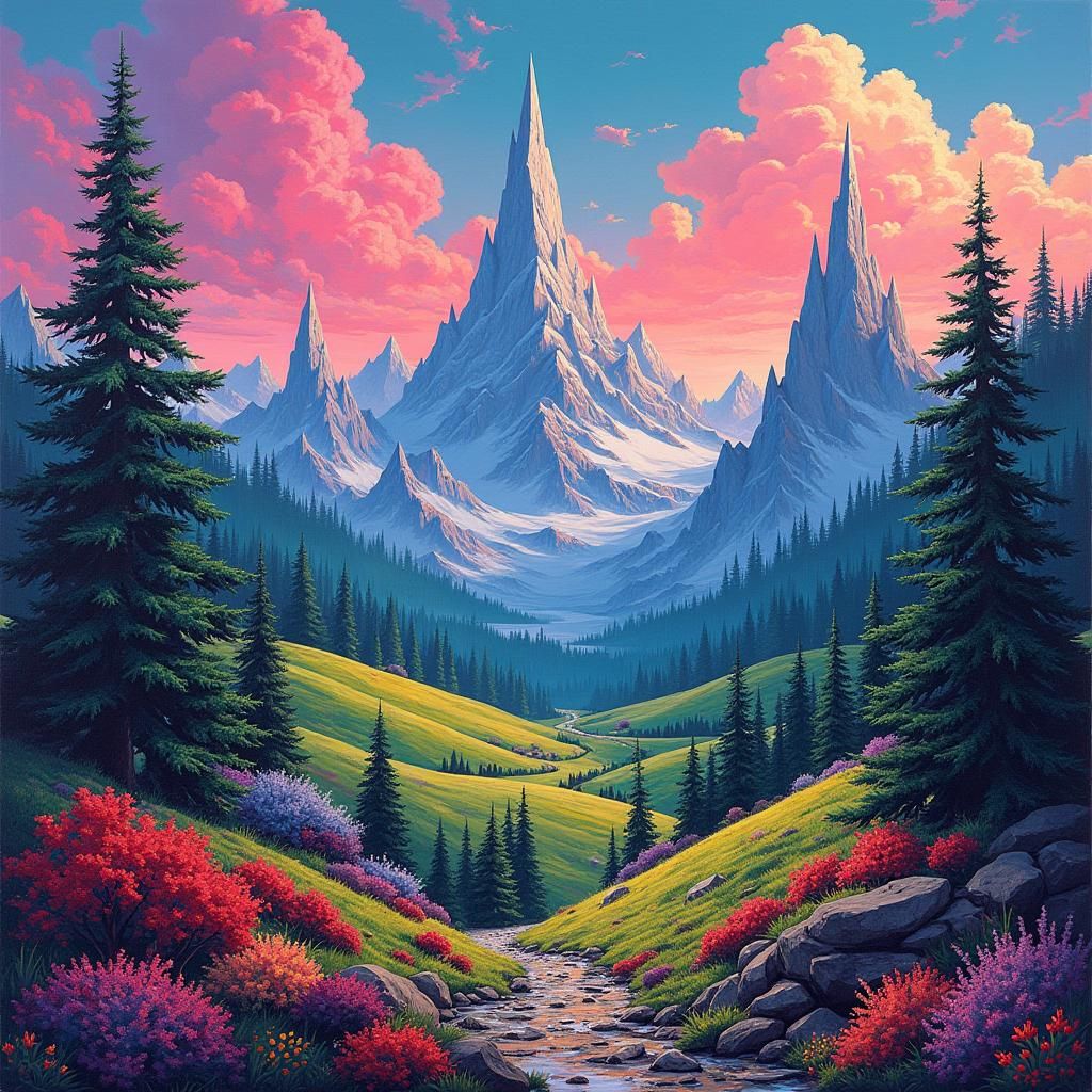 Pixelated Fantasy World Landscape with Vibrant Graffiti