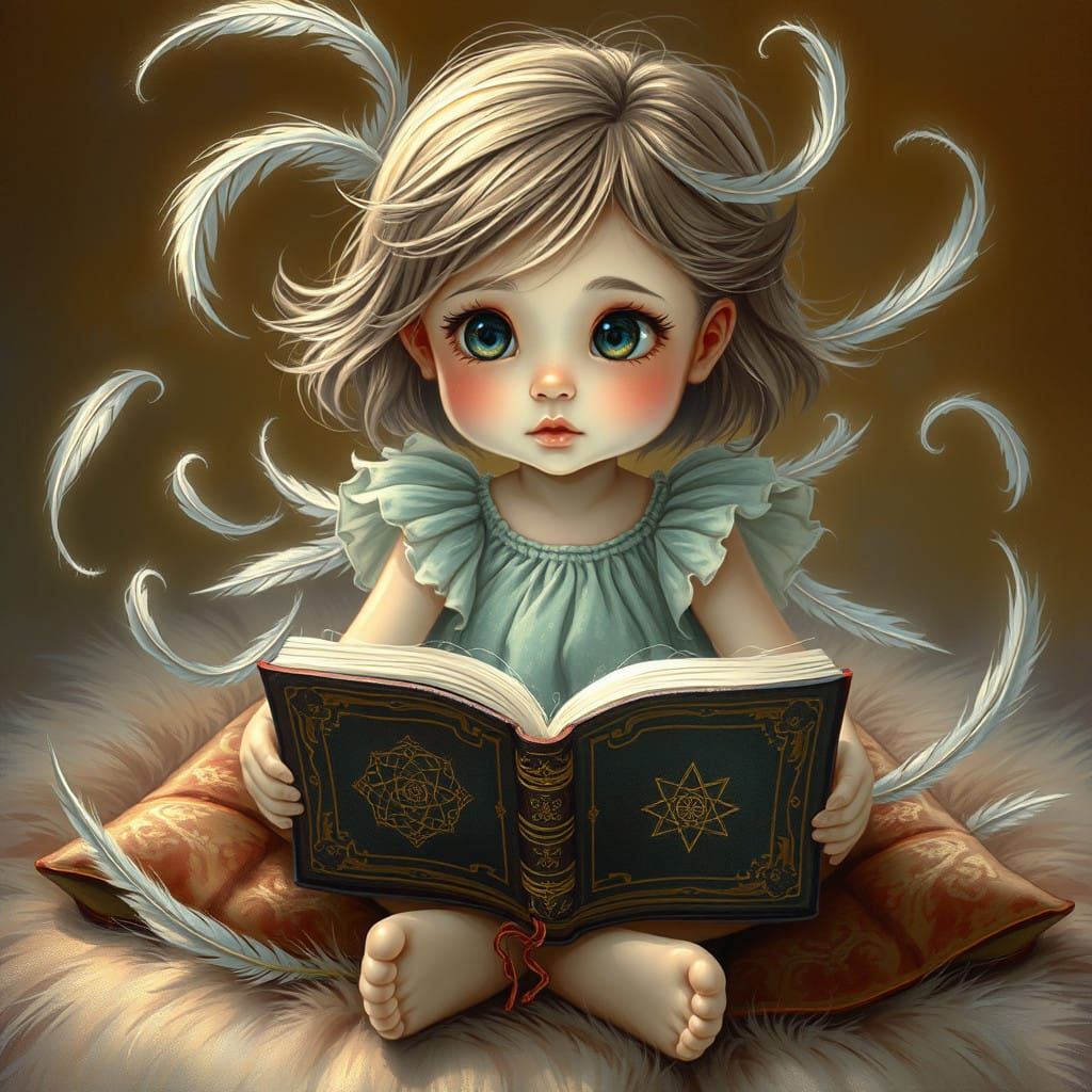 Whimsical Girl Amidst Enchanted Feathers and Ancient Tomes