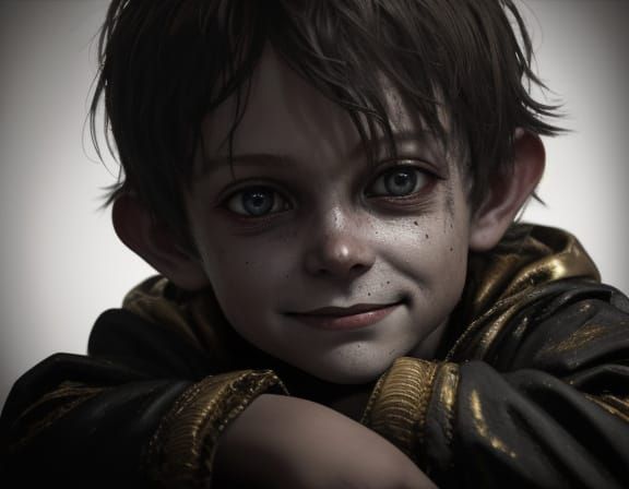 Ominous Child's Creepy Grin in Grunge Oil Painting