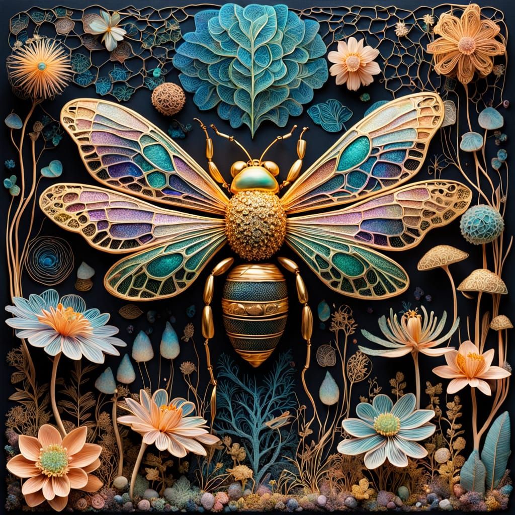 Surreal Biomechanical Sculpture with Iridescent Bees and Bot...