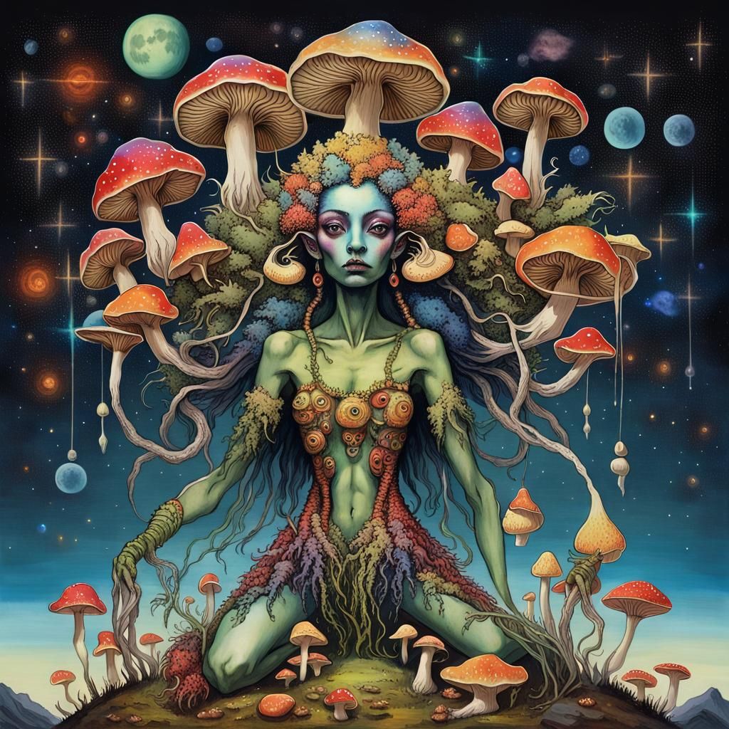 Ethereal Alien Girl Born from Vibrant Mushrooms in a Cosmic....