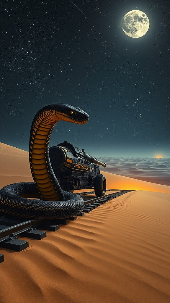 Cobra and War Train in Surreal Desert Landscape
