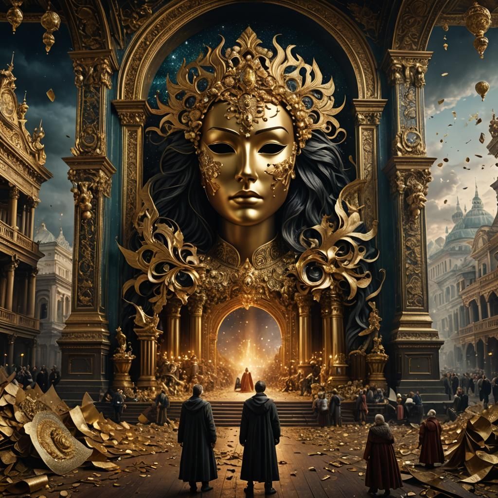 Ornate Theatre Panorama with Glittering Masks