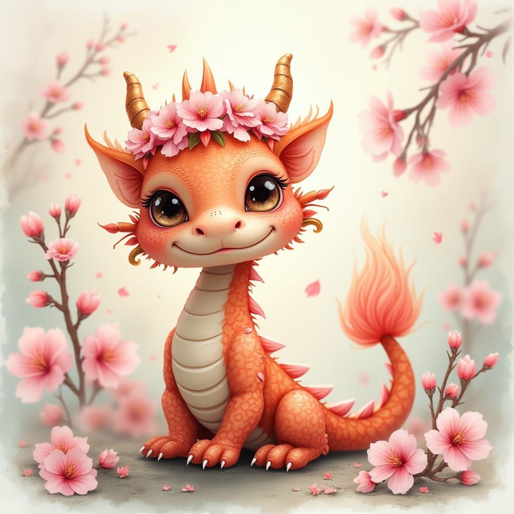 Steampunk Baby Dragon with Cherry Blossoms