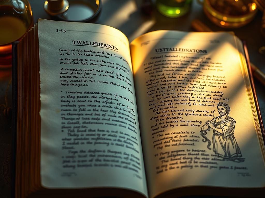 (Open book with hand written notes with magical runes glowin...