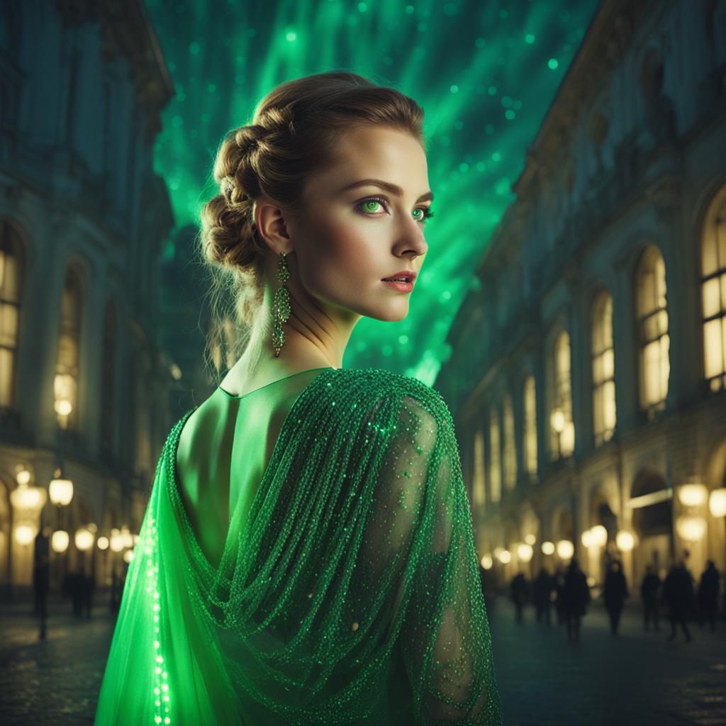 Glowing City Beauty in Emerald Eyes