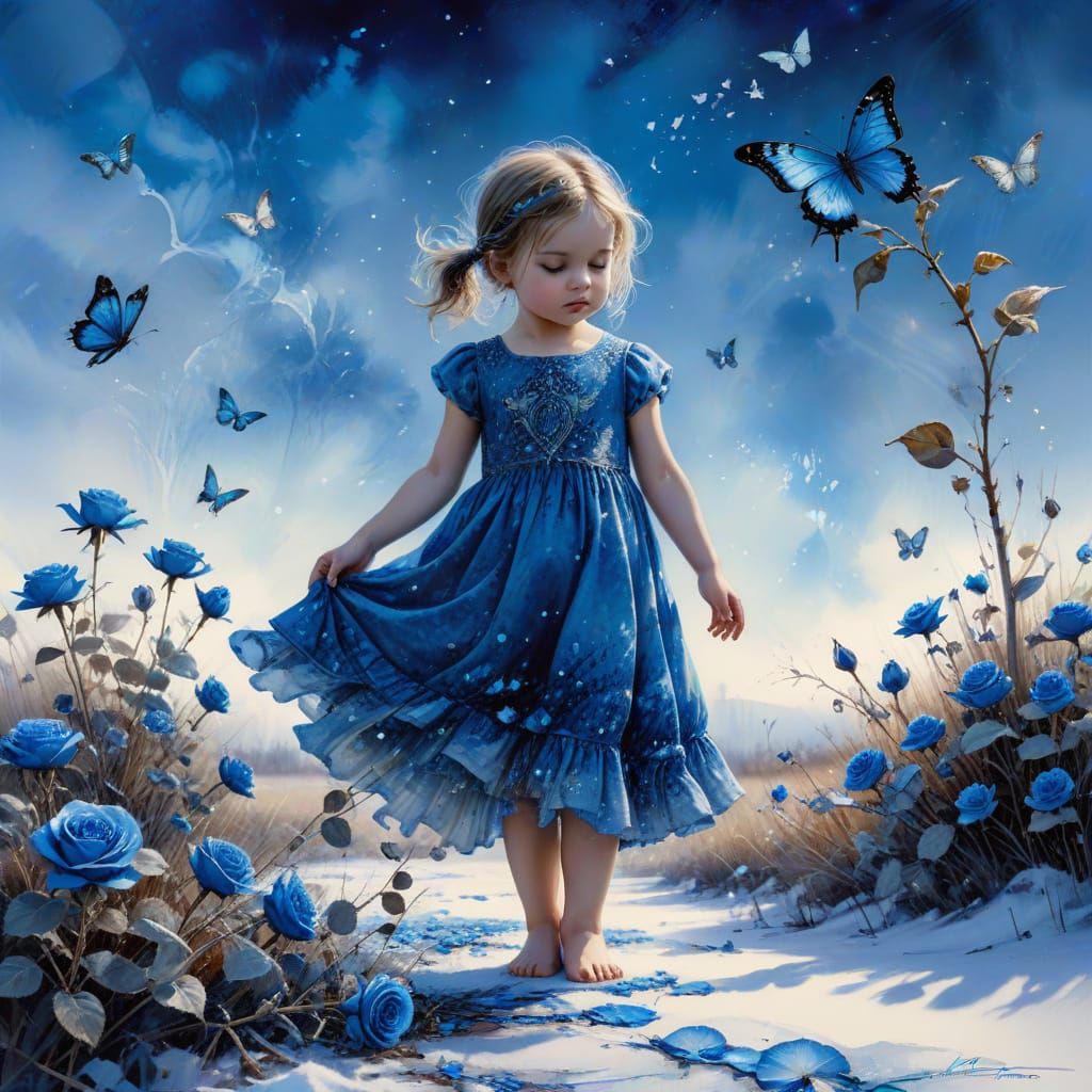 Toddler in Blue Dress with Blue Rose in Winter Fairytale