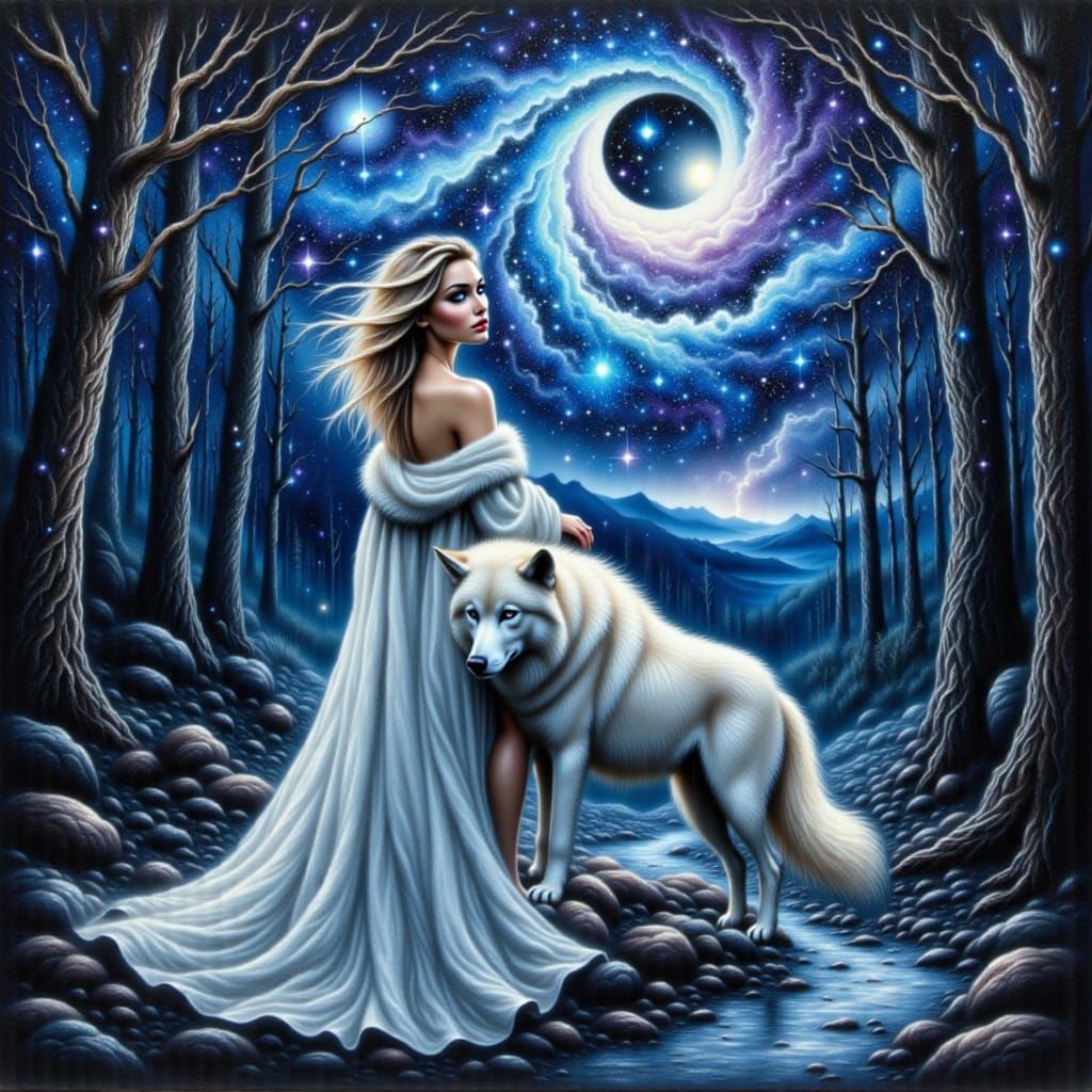 Cosmic Woman and Wolf in Grunge Oil and Watercolor Style