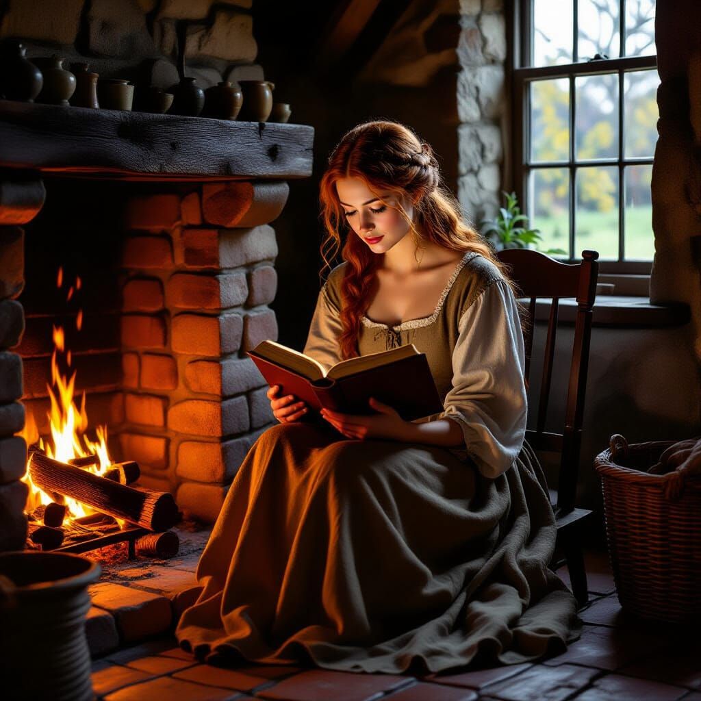 Medieval Woman Reading by Firelight: Dutch Masters