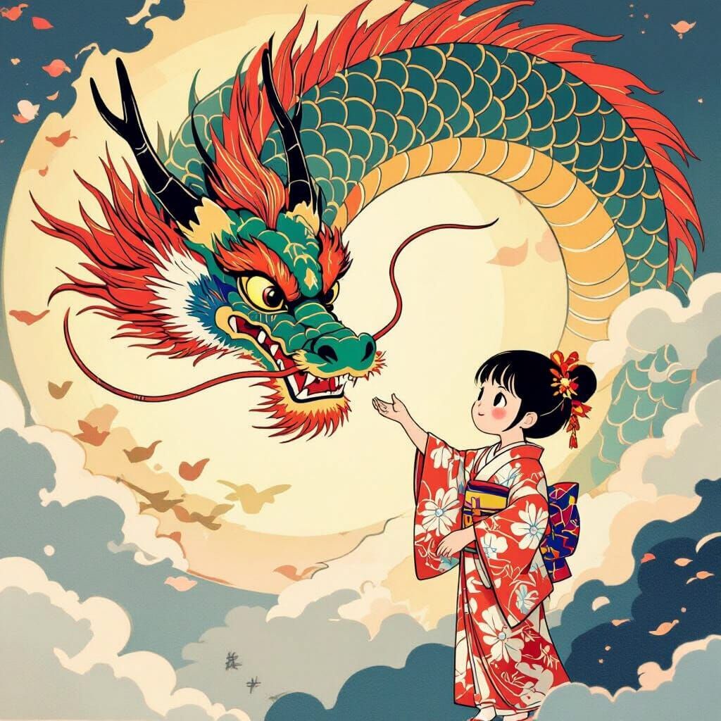 Japanese Dragon and Girl Interaction in Ukiyo-e Style