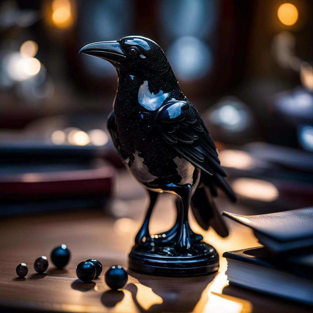 Blown Glass Raven on Gothic Desk, Professional Photography