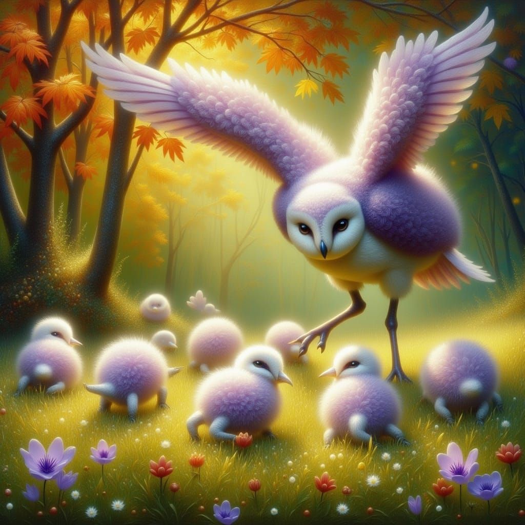 Pastel Owl Family in Lush Field, Oil Painting Style