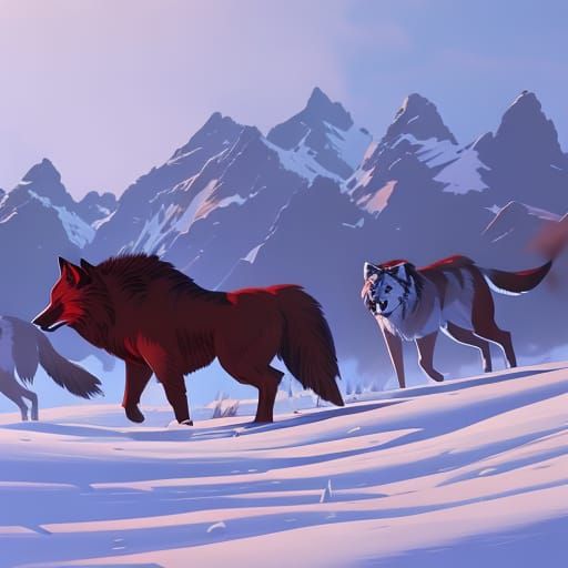 Wolves in Motion: Gouache Painting in Red Palette