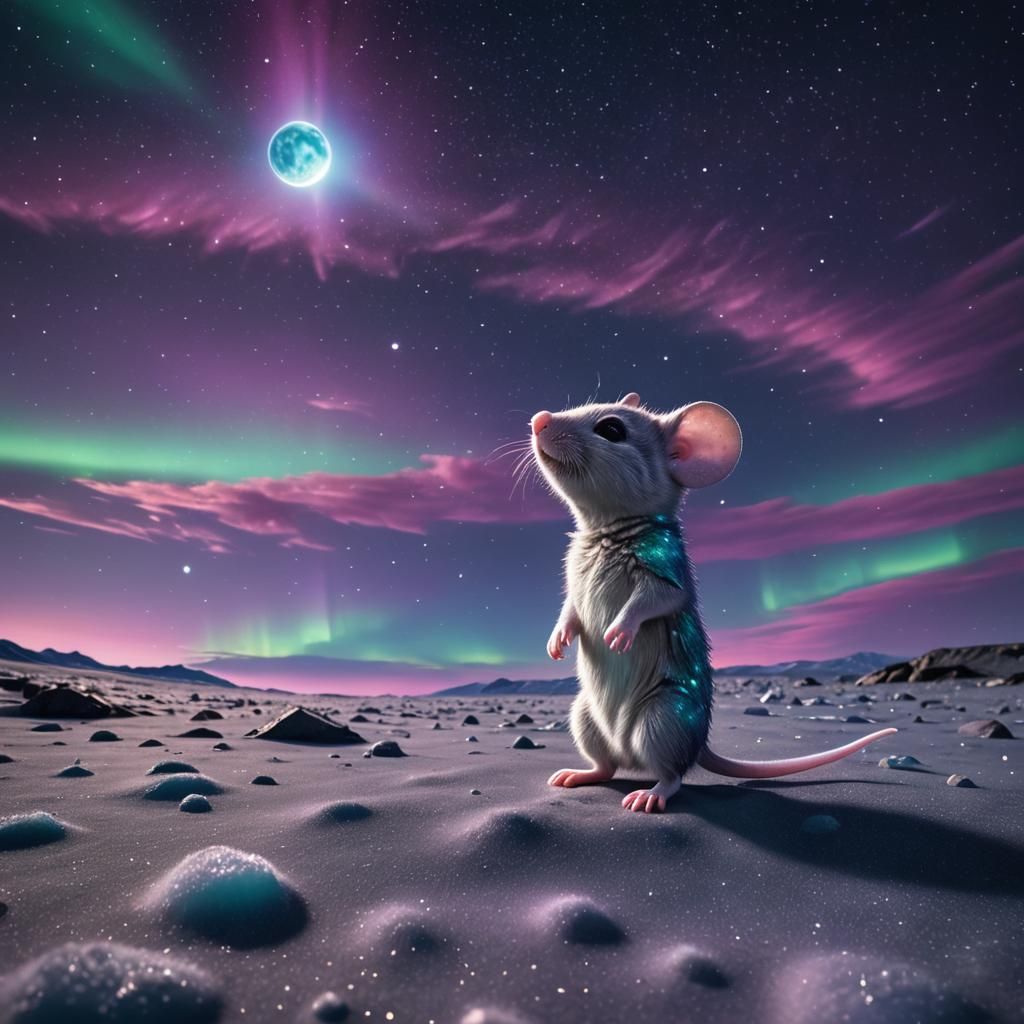 Aqua Chibi Mouse on Moon in NASA Photographic Style