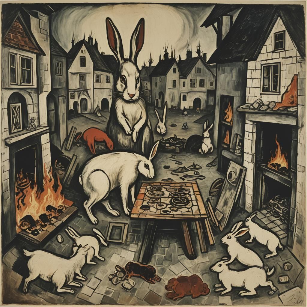 Surreal Barnyard Fire: Renaissance-Inspired Digital Art