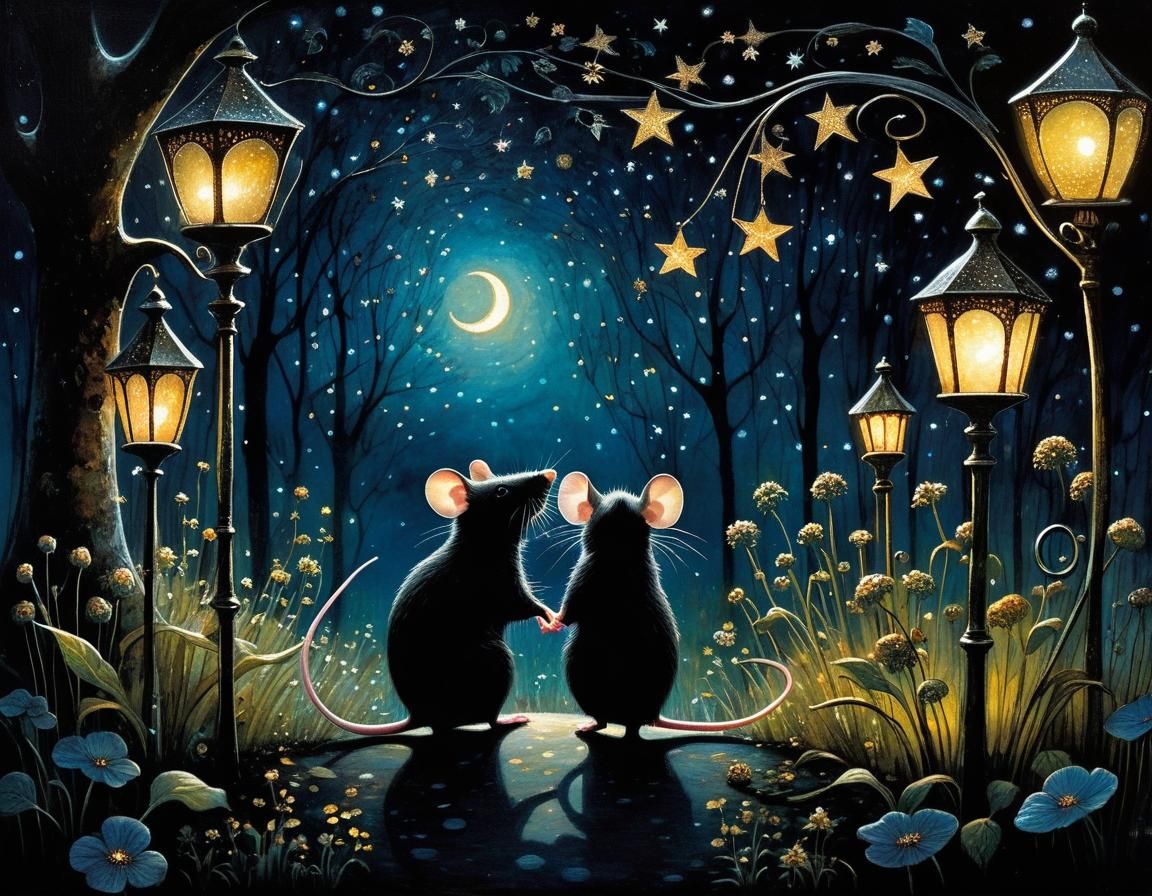 Mice in Magical Garden: Whimsical Silhouette Illustration