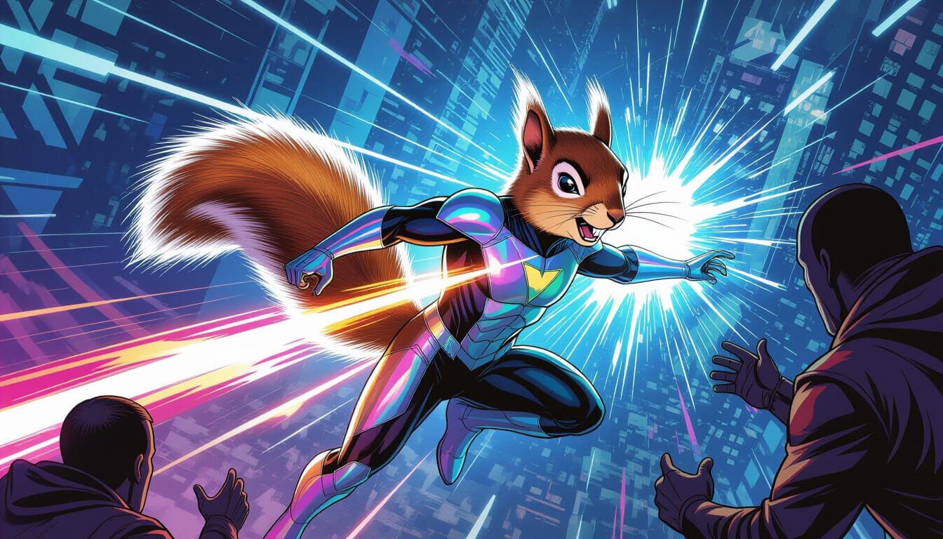 Superhero Squirrel Displays Light and Energy in Comic Style