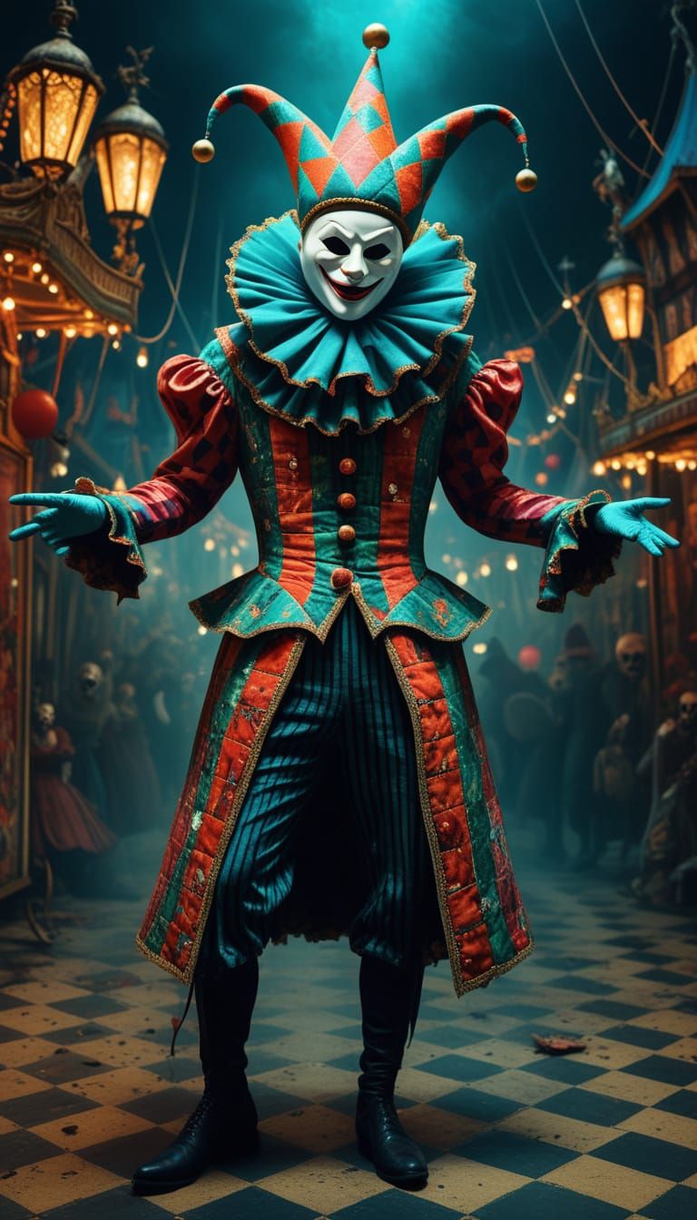 Surreal Jester Dances in Dreamlike Carnival