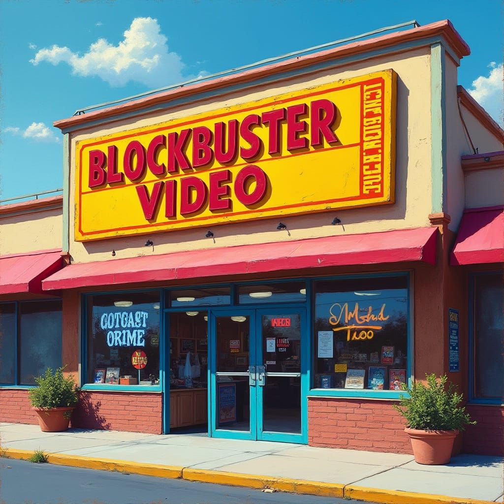Blockbuster Video Entrance in Acrylic Painting Style