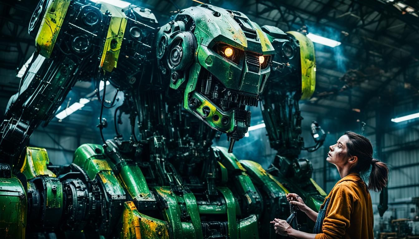 Woman Repairs Mecha Warrior in Leaking Hangar