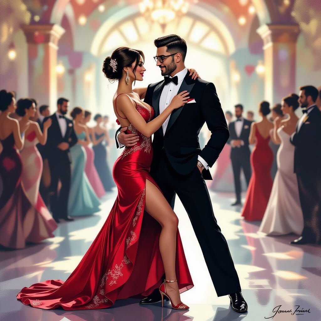 Passionate Tango in Gouache Style with Red Dress