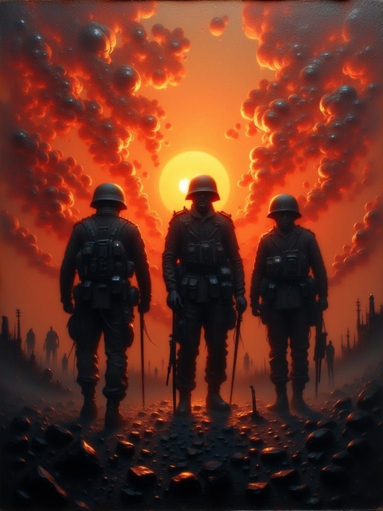 Soldier Silhouettes in Fiery Skies After War