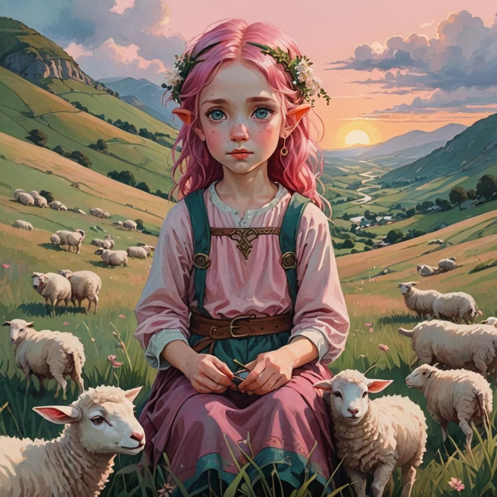 Half-Elf Shepherdess at Sunset in Gouache Style