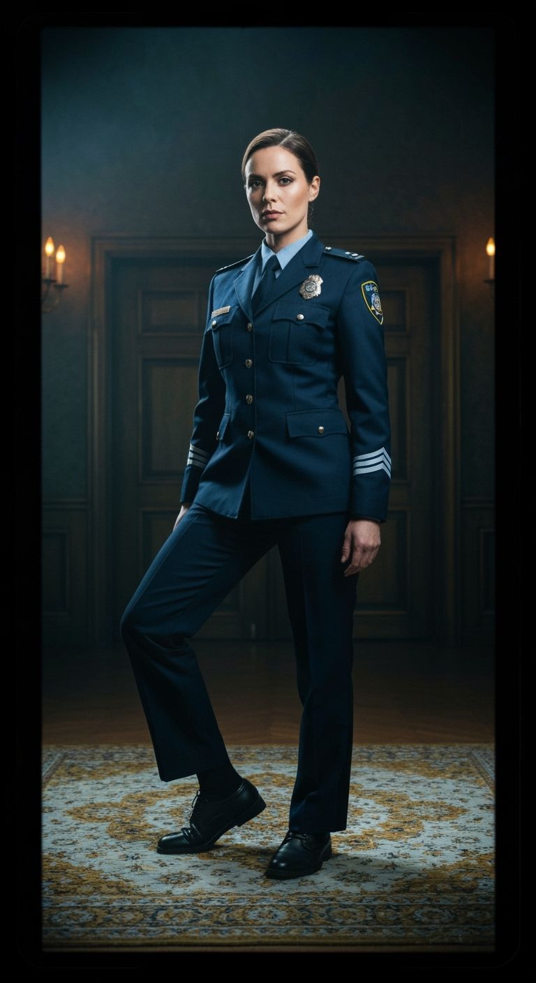 Cinematic Police Officer on Ornate Rug in Dimly Lit Room