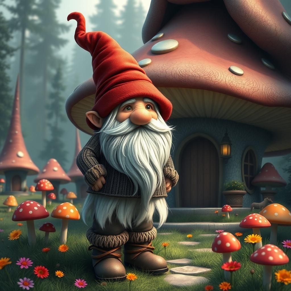 Gnome with Mushroom House in Storybook Style