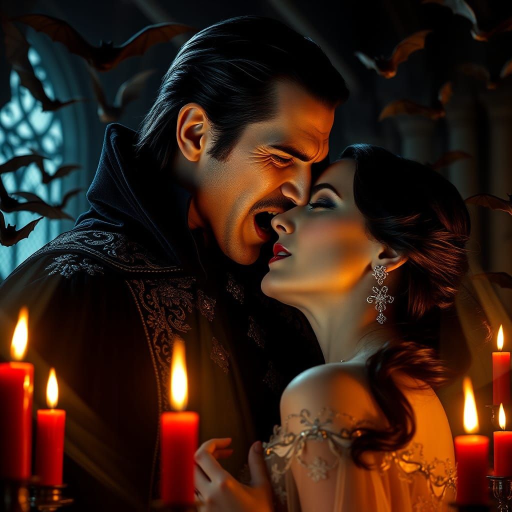 A gigantic prefect photo headshot of  a masculine Count Dracula biting  right into a gorgeous  beautiful woman's neck wi...