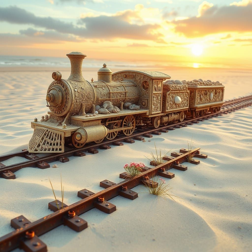 Majestic Golden Steam Train on Serene Beach in Whimsical Des...