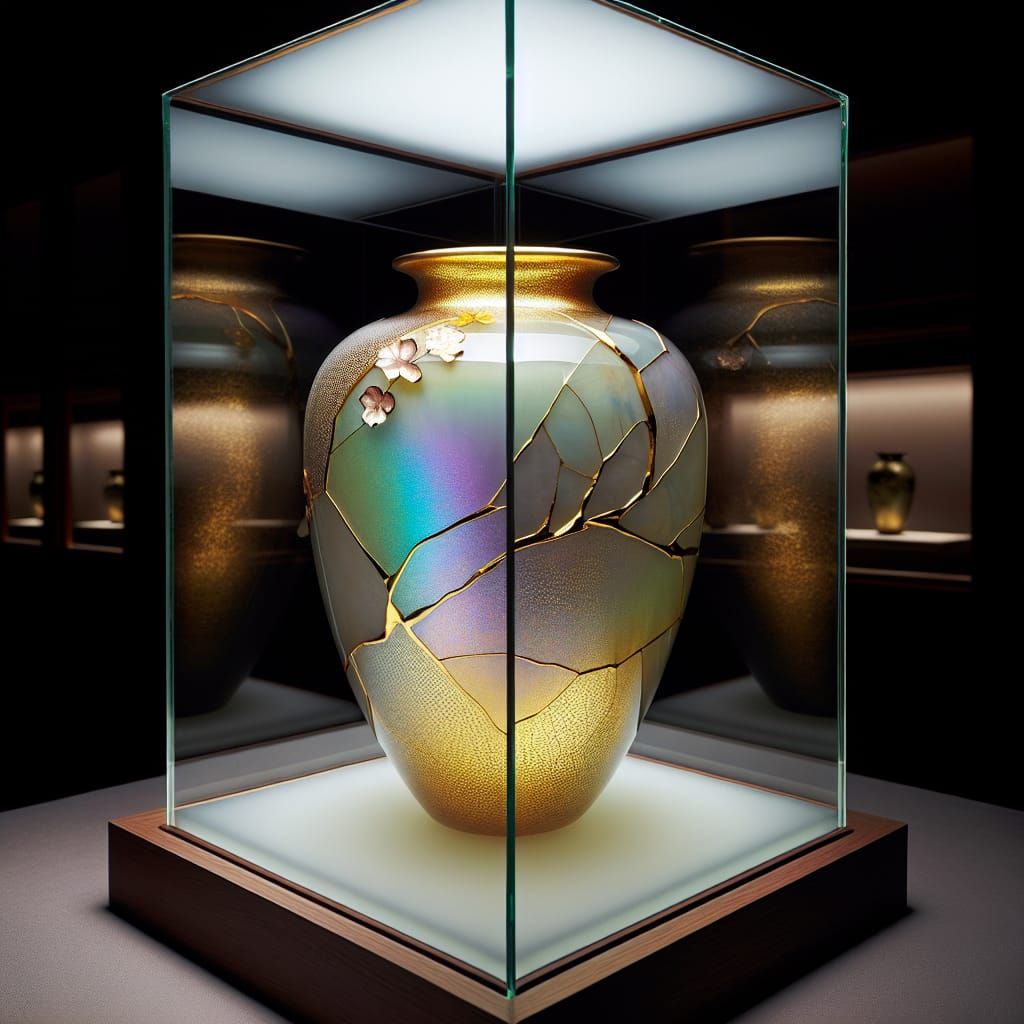 Iridescent Kintsugi Glass Vase Repaired with Gold