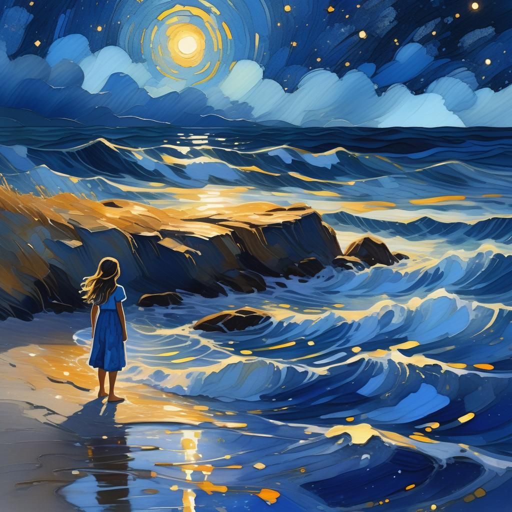 Impressionist Gouache: Girl Gazing at Starry Seaside