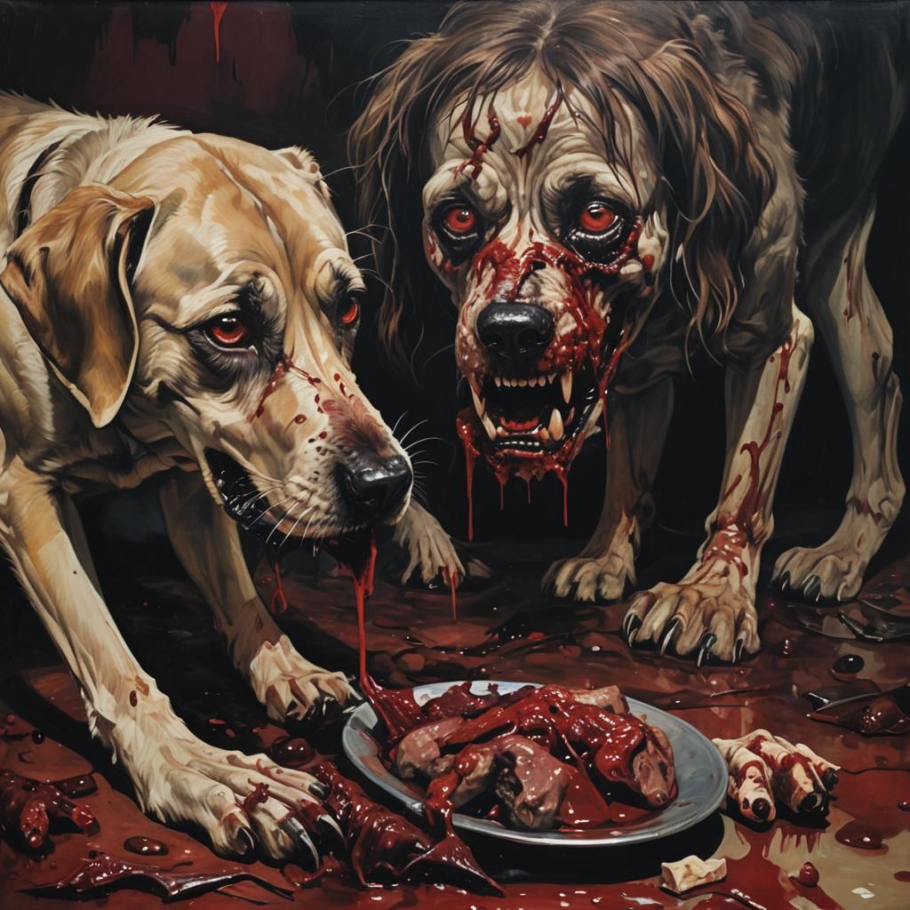 Surreal Horror: Dog Feast in a Dark Landscape