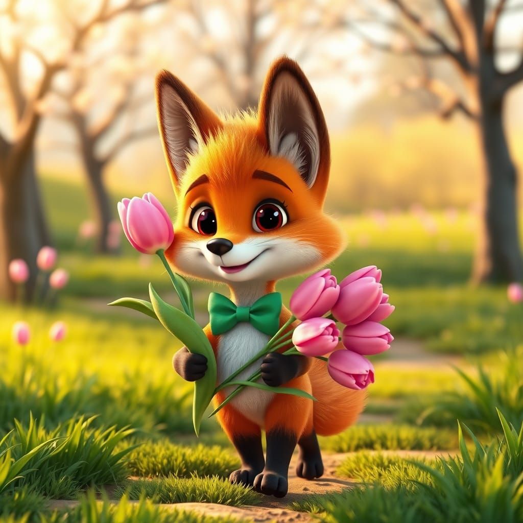 Sunny Spring Stroll with a Fox and Tulips in Whimsical Carto...