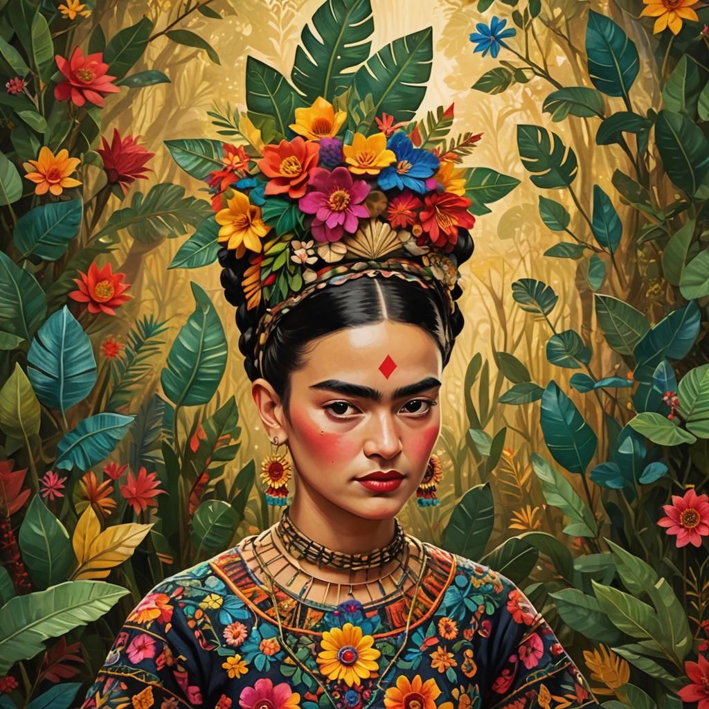 Mexican Folk Art: Vibrant Aztec Figure in Foliage