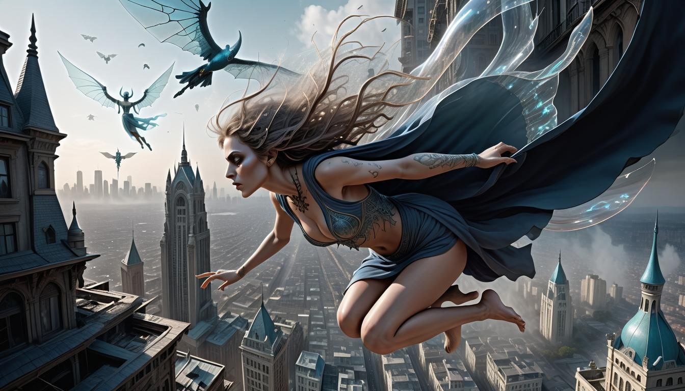 Transparent Sorceress Flying Above City in Horror Style