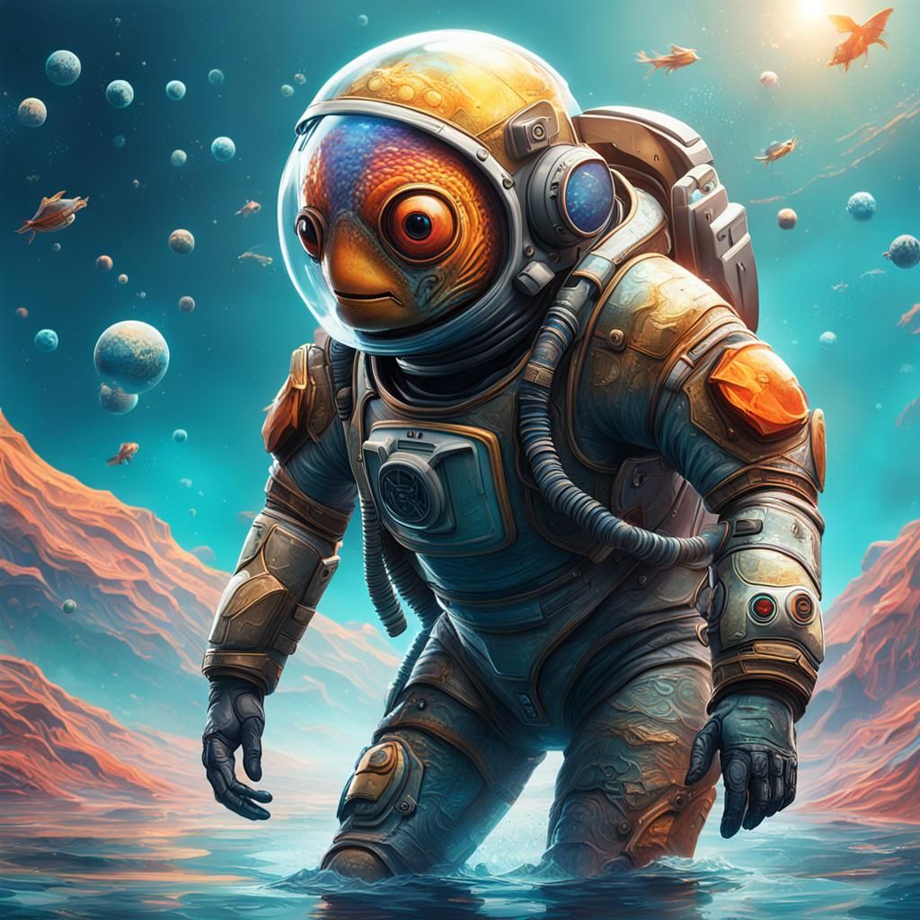 Fish Astronaut on Alien Planet: Hyperrealistic Splash Art